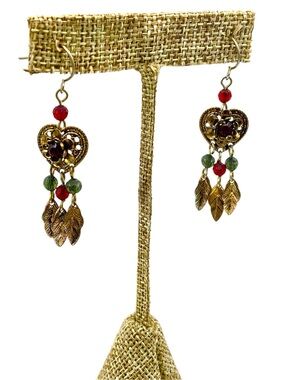 Gold Dangling Earrings With a Center Purple Stone Dangling Leaves Aztec Flare